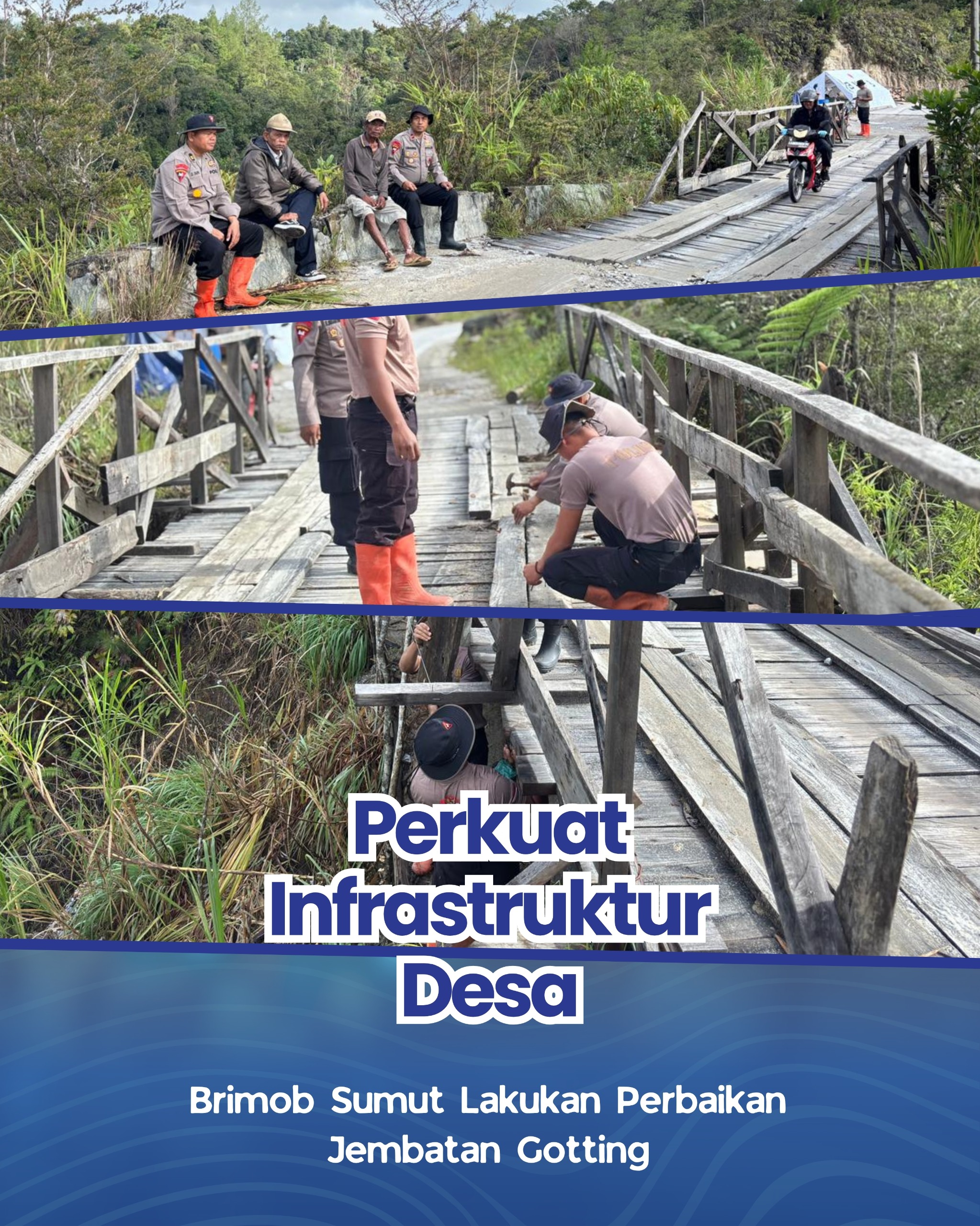 Personel Batalyon C Satuan Brimob Polda Sumatera Utara melaksanakan kegiatan perbaikan Jembatan Gotting di Desa Purbasinomba, Kecamatan Siborongborong, Kabupaten Tapanuli Utara, Senin (4/5/2026).