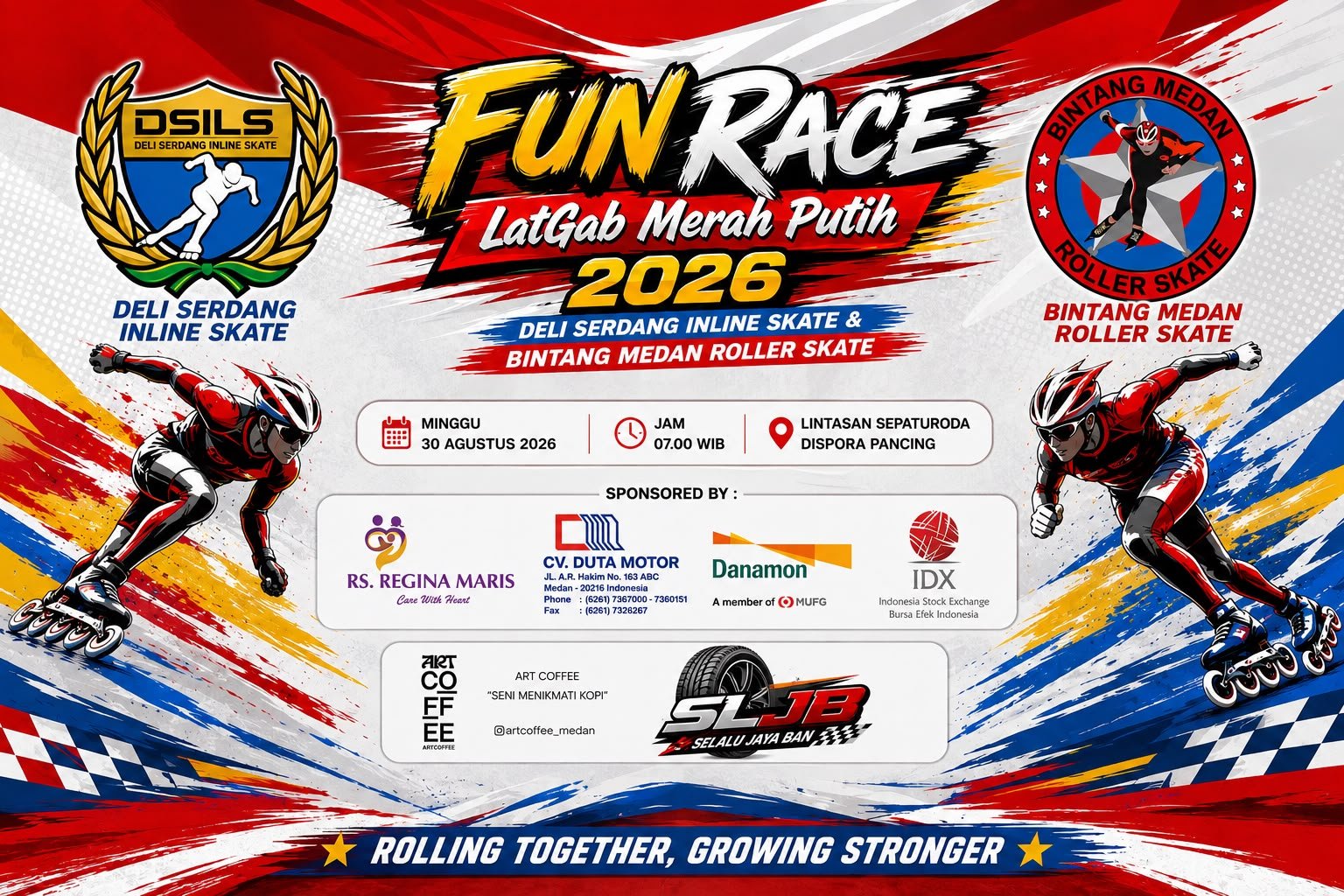 Poster "FUN RACE LatGab Merah Putih 2026" DSILS & BMRS. Kegiatan digelar Minggu, 30 Agustus 2026 pukul 07.00 WIB di Lintasan Sepaturoda Dispora Pancing.