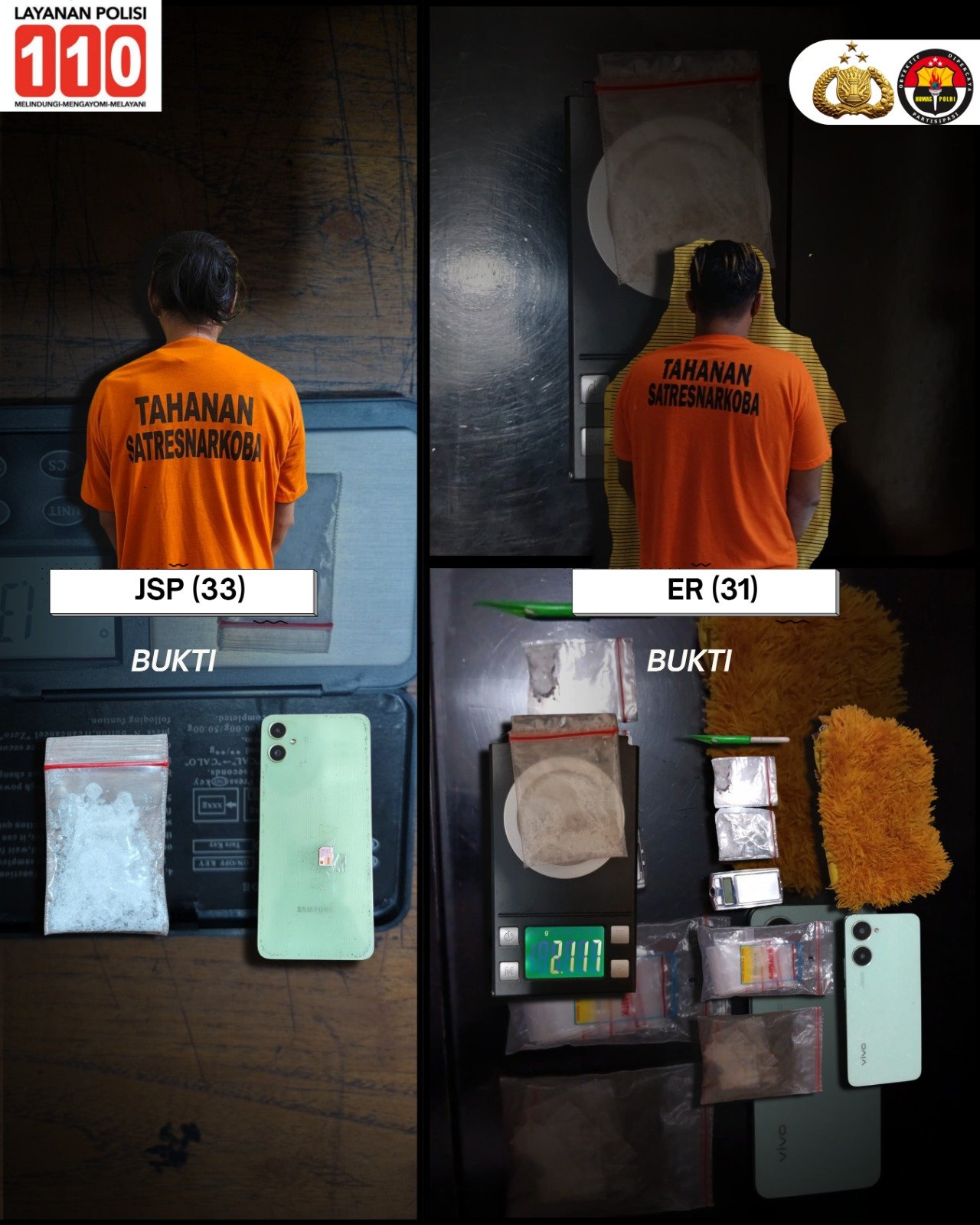 Dua pelaku peredaran sabu ER dan JSP beserta barang bukti diamankan Satresnarkoba Polres Binjai di Mapolres Binjai, Jumat (04/09/2026). Foto: