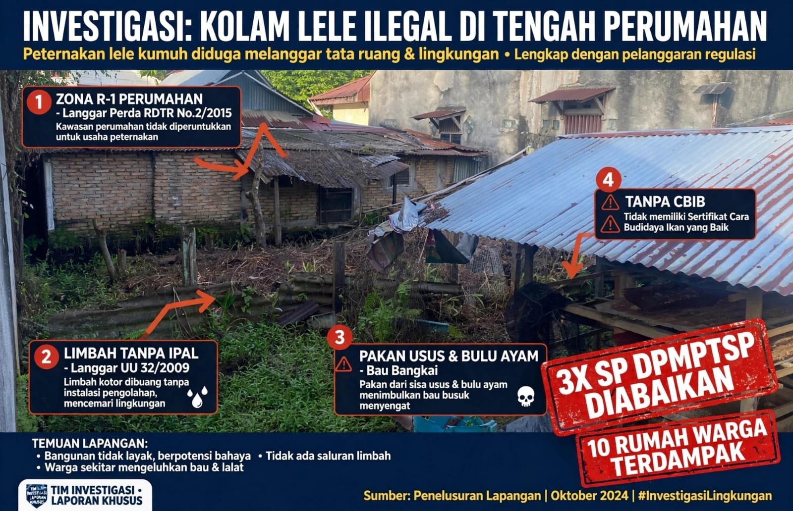 Warga Komplek Pemda TK I Jalan Dahlia II Medan Tuntungan menunjukkan parit yang menghitam dan berbau busuk diduga limbah peternakan lele Tom Aquatic Ind, Kamis (17/9/2026). FOTO: