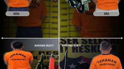 Kapolres Binjai AKBP R. Bimo Moernanda dan Kasat Reskrim AKP Hotdiatur A.W. Purba menunjukkan barang bukti kasus pencurian dengan pemberatan dari empat pelaku yang diamankan di Mapolres Binjai. FOTO: Humas Polres Binjai.