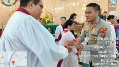 Kapolres Binjai AKBP R. Bimo Moernanda, S.I.K., M.H., melaksanakan Minggu Kasih bersama jemaat di Gereja HKBP Binjai, Jalan Cut Nyak Dhien No.10, Tanah Tinggi, Binjai Timur, Kota Binjai, Minggu (18/10/2026) pukul 10.00 WIB.
