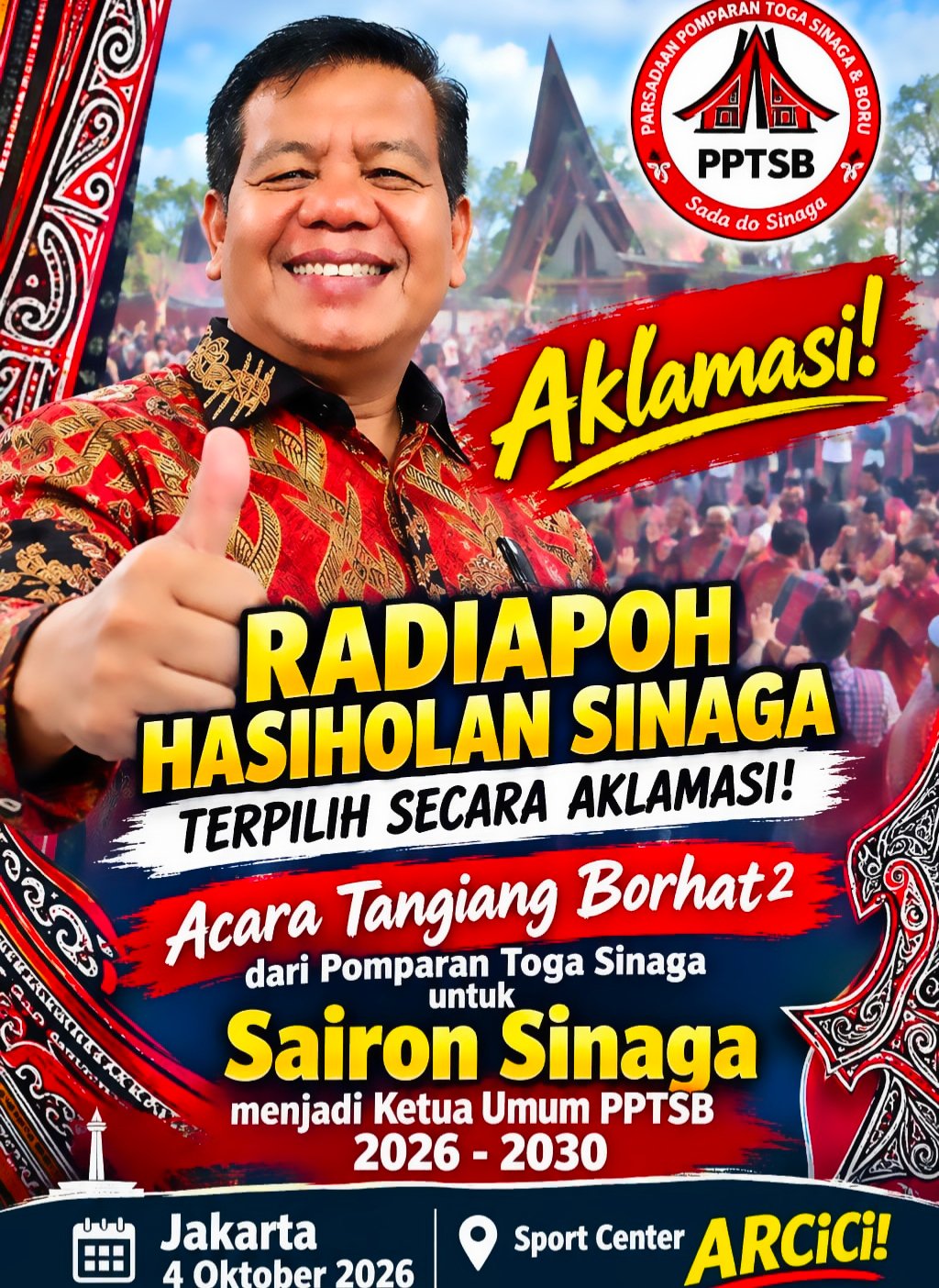 Radiapoh Hasiholan Sinaga nyatakan dukungan penuh agar Sairon Sinaga terpilih aklamasi sebagai Ketua Umum PPTSB periode 2026-2030 di acara Tangiang Borhat-Borhat di Jakarta, Sabtu 4 Oktober 2026. (Foto: Dok.Ist/Instrumentasi.com).